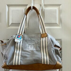 Pottery Barn Kids Gray and Brown Duffel Bag with Leather Accents (diaper bag)